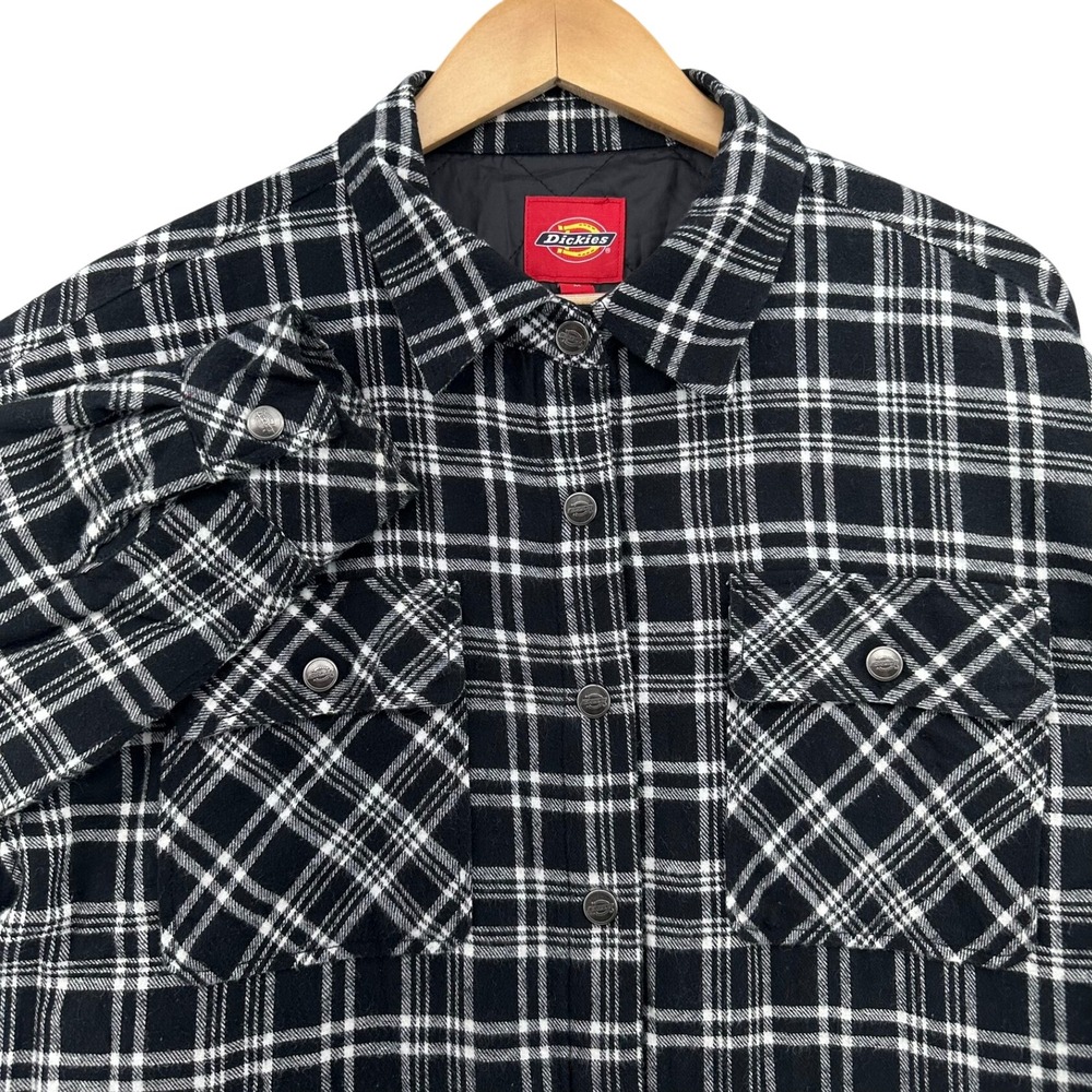 Dickies Oversized Black White Plaid Quilted Flannel Lined Shirt Jacket M Grunge